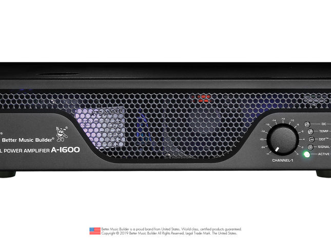 A black 2-channel power amplifier with front panel controls, indicators, and connection ports visible.